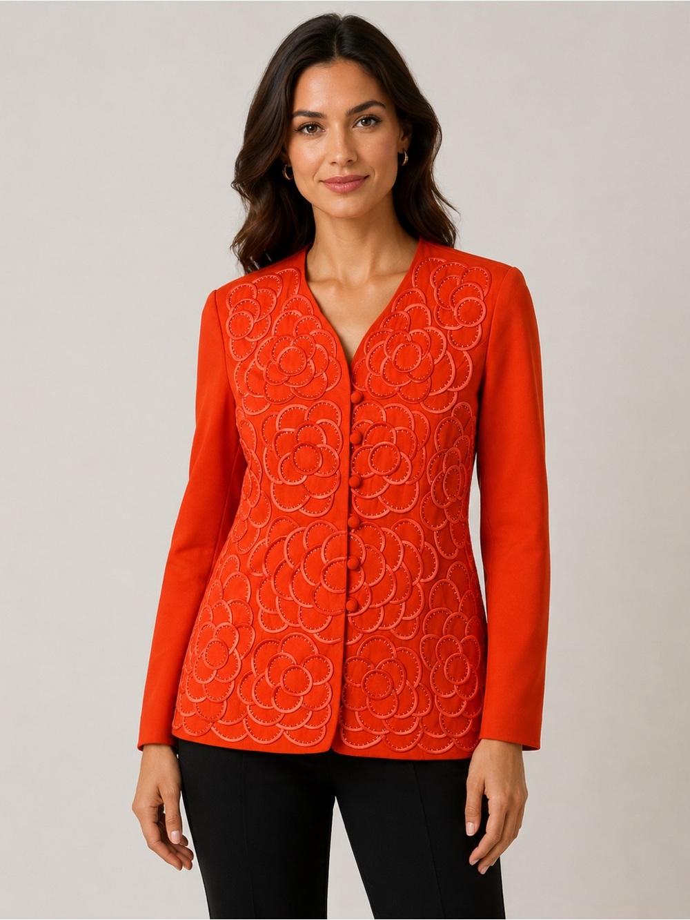 Studio C Bright Orange Embroidered Floral Suit Jacket